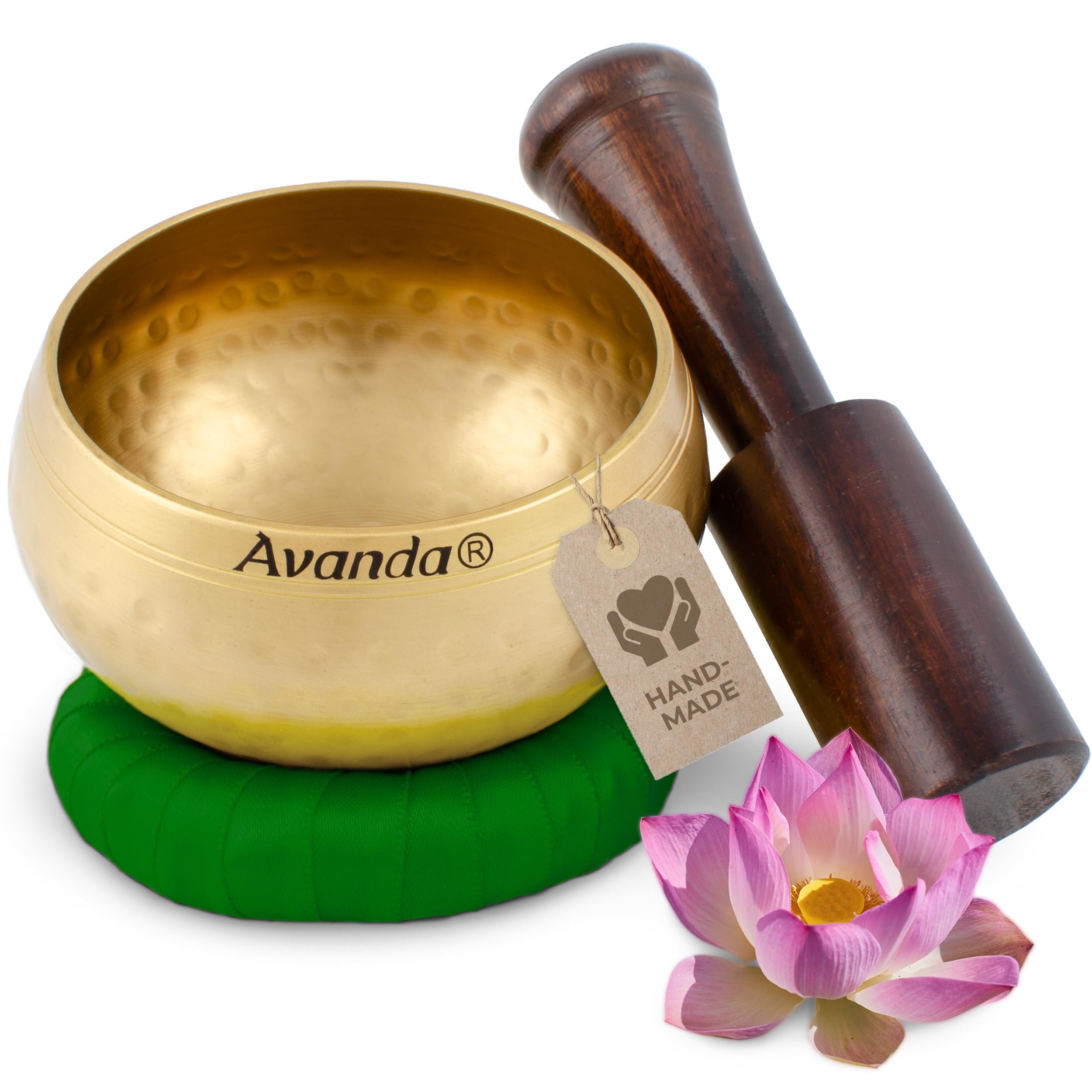 Tibetan singing bowl set for yoga, meditation and relaxation - hammered Tibetan singing bowl Ø 10 cm (4 in), mango wood mallet and ring cushion, green