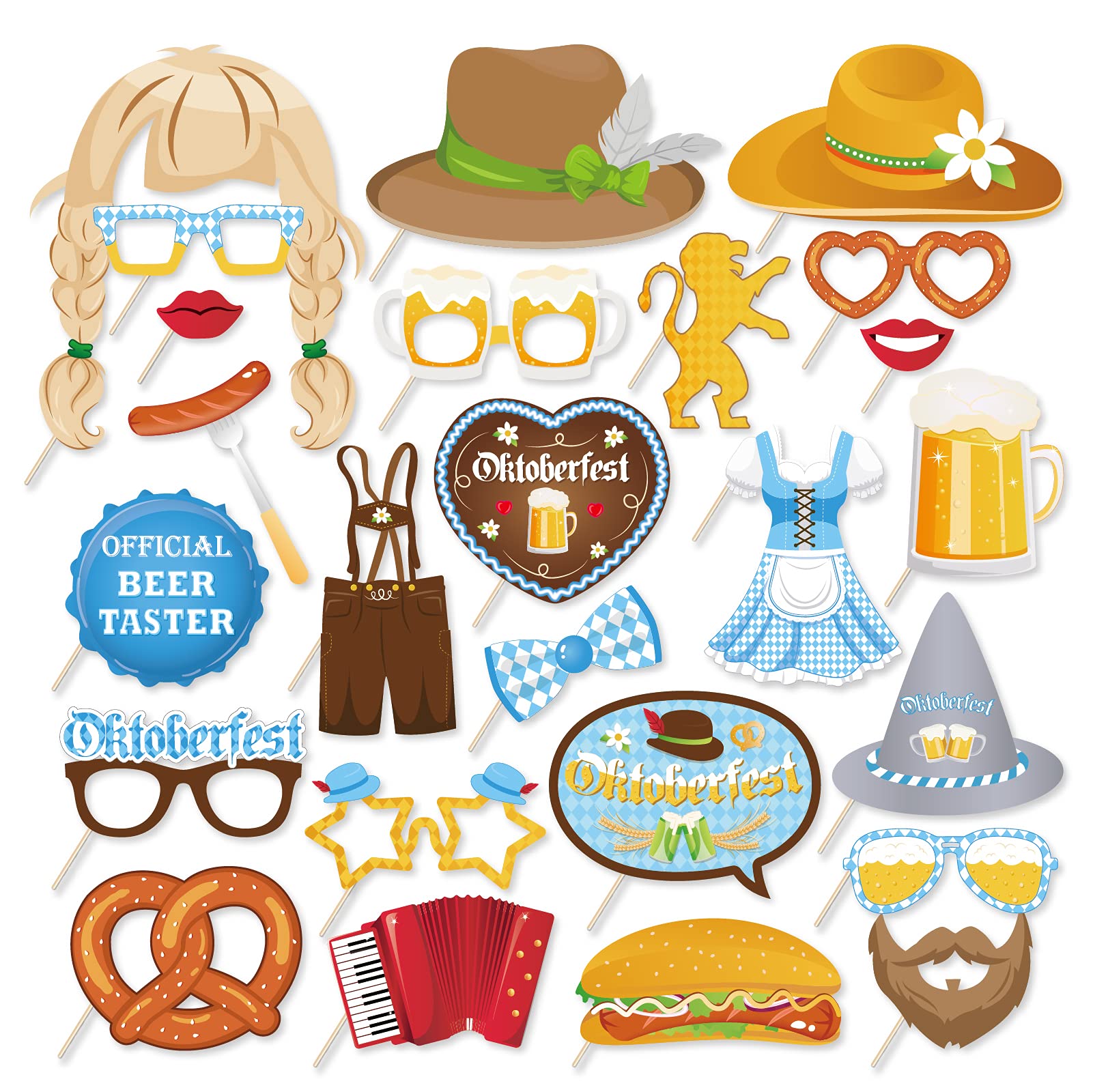 Photo 1 of 25Pcs The Munich Oktoberfest Photo Booth Props with Stick, German Oktoberfest Selfie Props, Wiesenbier Party Supplies,Sausage,Beer,Gold Dress,Leather Pants Theme Backdrop Decorations