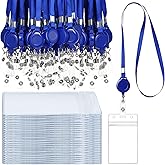 Marspark 50 Set Lanyard with ID Holder Include Flat Lanyard with Retractable Badge Reel and Clear Vertical Card for Offices (Blue)