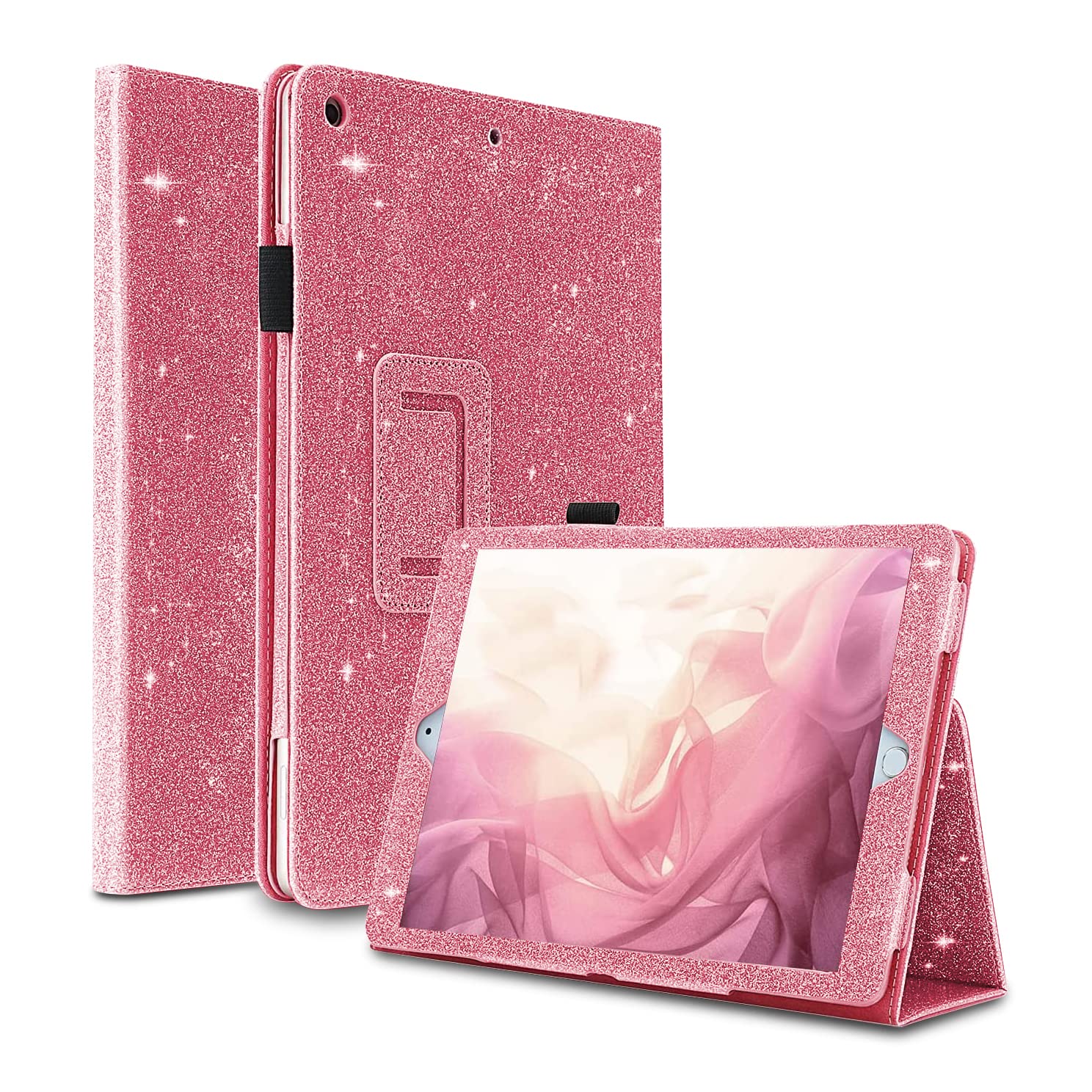 FSCOVER Glitter Case for iPad 10.2 inch(9th/8th/7th Generation,2021/2020/2019),Sparkly Bling PU Leather Tablet Case with Pencil Holder | Bifold Stand | Smart Magnetic Auto Sleep/Wake,(Pink)