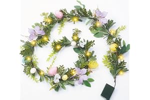 CENMORISE Easter Egg Garland with Lights, 6FT Spring Floral Garland Battery Operated with Timer, Artificial Greenery Flower Butterfly Garland for Mantle Fireplace Summer Outdoor Decor