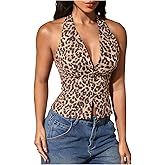 SHENHE Women's Y2K Leopard Print Halter Bustier Corset Deep V Backless Sexy Crop Top