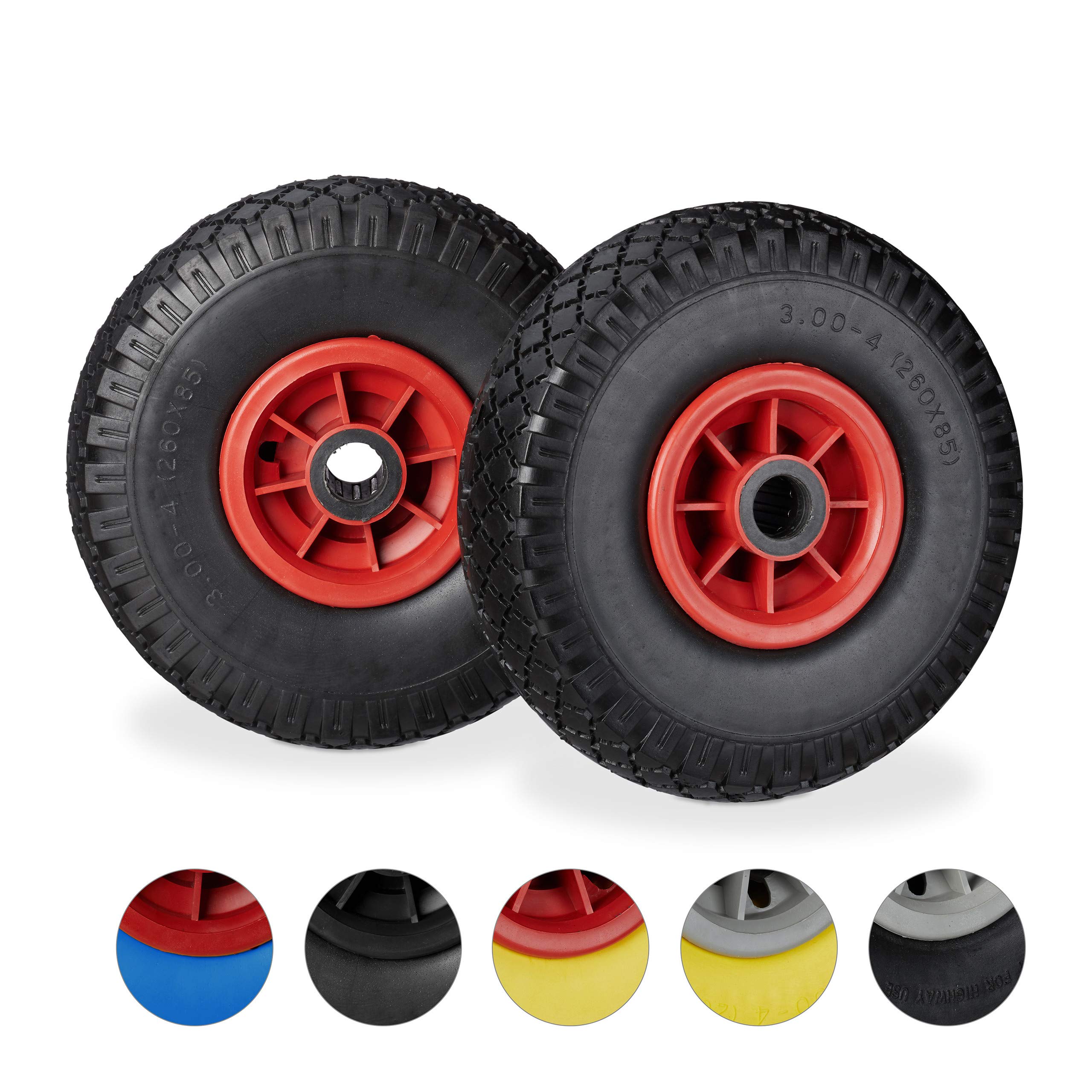 Relaxdays Hand Truck Spare Tyre Set of 2, Flatproof, 3.00-4 Solid Rubber, 25mm Axle, 80 kg, 260 x 85 mm, Black-Red
