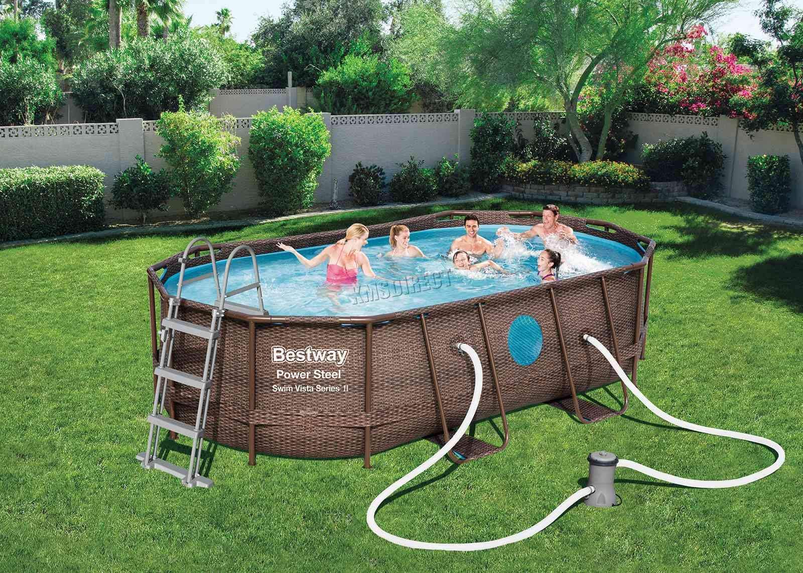 BestWay Power Steel Frame Swimming Pool Set Oval Rattan Printing Above Ground 14' x 8'2" x 39.5" With Filter Pump Ladder Ground Cloth Cover DVD 56714