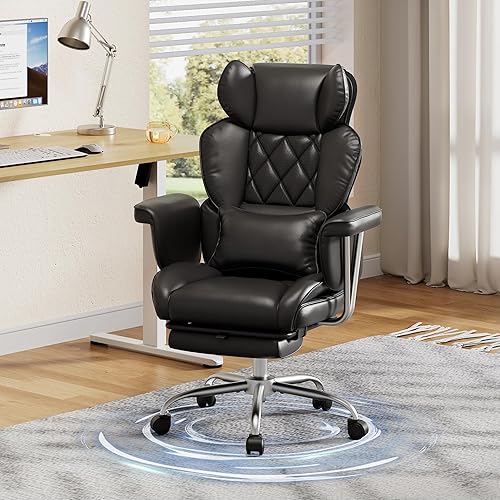 DEVAISE Executive Office Chair with Telescopic Footrest Height-Adjustable, Ergonomic Office Chair with Executive Lumbar Support, Maximum 145°Adjustable Backrest, Pu Leather, Black
