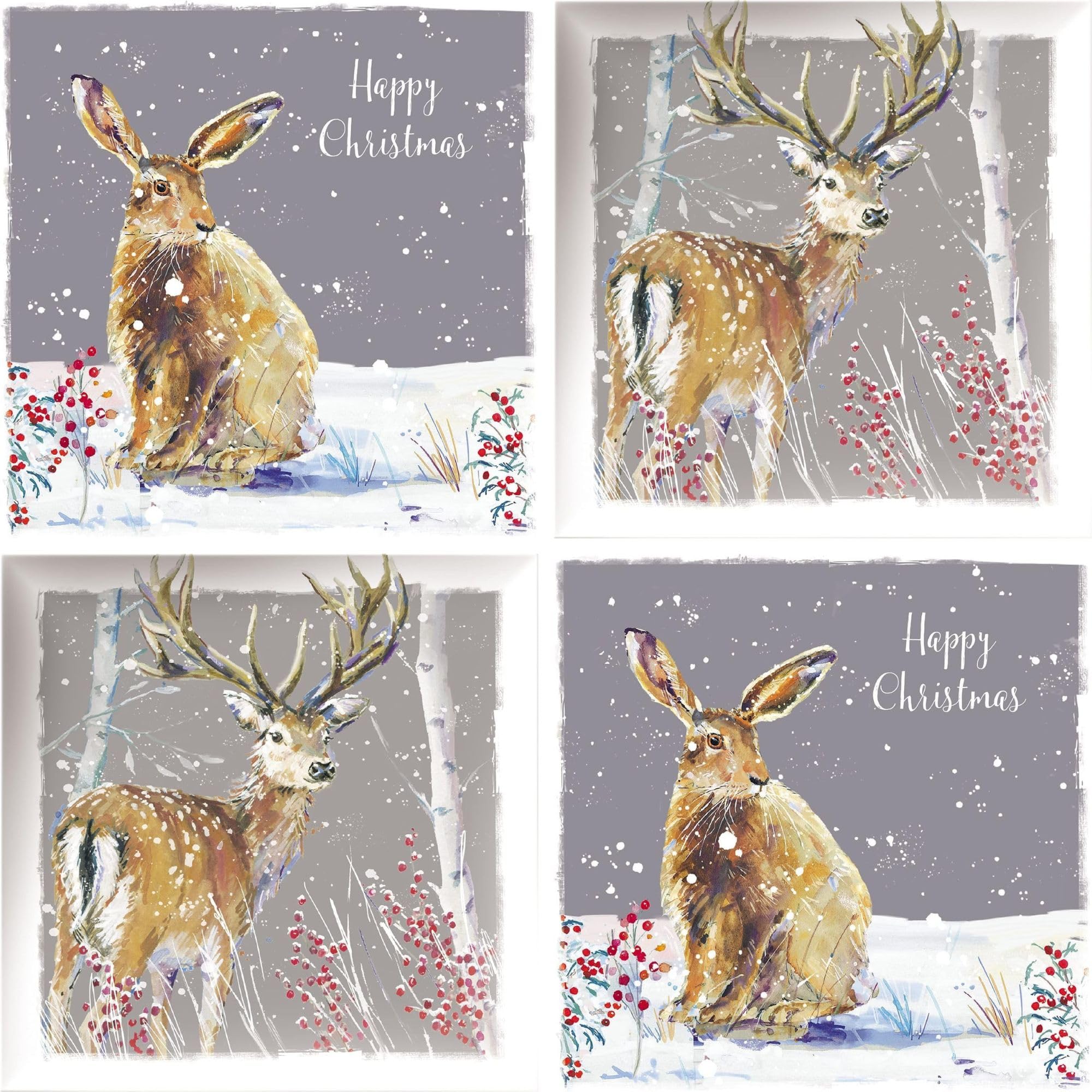 GBCC Charity Christmas Cards Pack of 20 - Festive Hare & Stag in the Snow - Assorted Premium Greeting Cards Multipack with Envelopes - 10 Each of 2 Designs - Supporting UK Charities