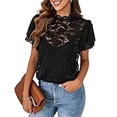 Rooscier Women's Lace Sheer Scallop Mock Neck Flounce Sleeve Back Keyhole Blouse Top Shirt Without Cami
