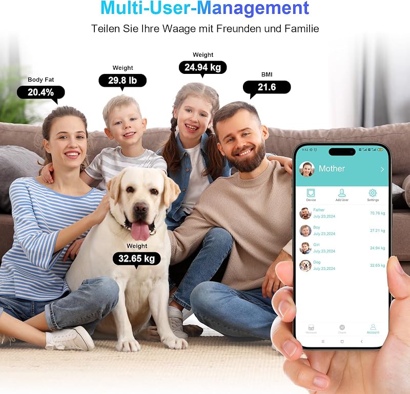 Intelligente Körperfettwaage mit 13 Körperzusammensetzungs-Messwerten, Intelligente Digitale Personenwaage Kompatibel mit iOS und Android, Max. 400 lb/180 kg, 26 × 26 cm