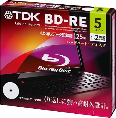 TDK BD-RE 25GB 2x Rewritable Printable Blu-ray Discs 5 Pack