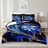 Chumerry Blue Marble Comforter Set Queen Size Black Bed in A Bag Gold Vortex Floral Artwork Abstract Bedding Psychedelic Bed Set with Sheets