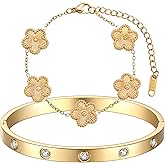 FUNIO 18K Gold Plated Clover Bracelet Love bangle Set for Women - Stack Friendship Bracelet Lucky Link Bracelets Jewelry Gifts Trendy for Women
