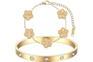 FUNIO 18K Gold Plated Clover Bracelet Love bangle Set for Women - Stack Friendship Bracelet Lucky Link Bracelets Jewelry Gifts Trendy for Women