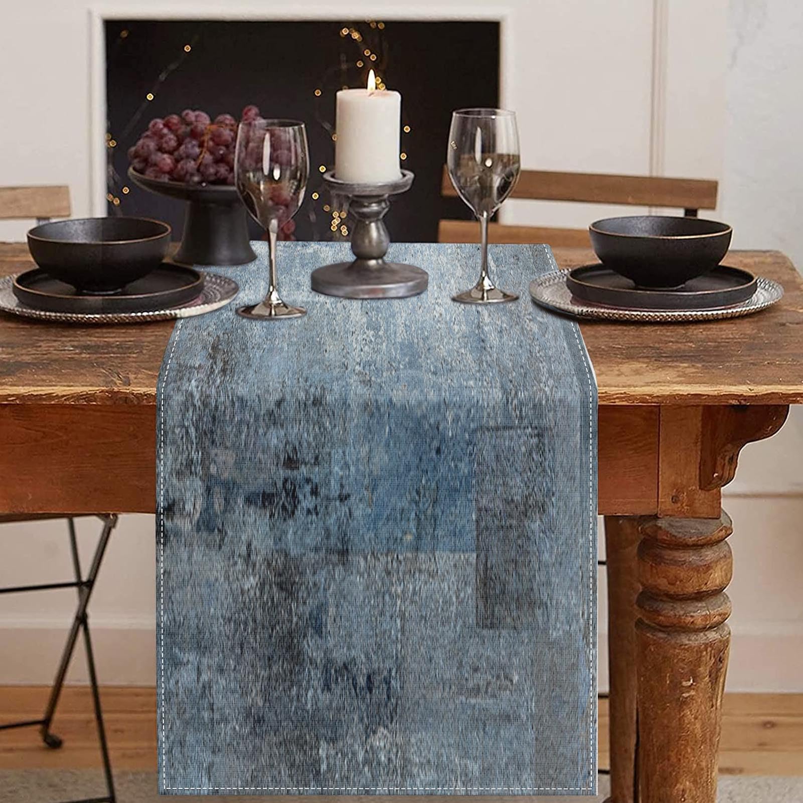 Photo 1 of Emvency Farmhouse Style Table Runner, Abstract Art Painting Denim Blue Table Runners for Kitchen Coffee Table Family Dinners Holiday Parties Wedding Events Decor(13x72 inch)