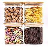 SHOWIN Glass Food Storage Jars Square 24oz, 4 Pack Glass Jars With Bamboo Lids, Kitchen Storage Containers For Spice, Candy, Cookie, Storage For Pantry Organizers