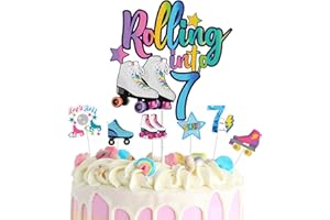 WINPOGEE 7Pcs Rolling into 7 Theme Cake Toppers Sets Roller Skate Happy 7th Birthday Themed Set Cake Decoration Girls Club Rolling 7 Years Old Supplies Girls Retro Colorful Hip Hop (7)