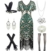 Women 1920s Gatsby Vintage Sequin Flapper Fringe Party Plus Dress with 20s Accessories Set
