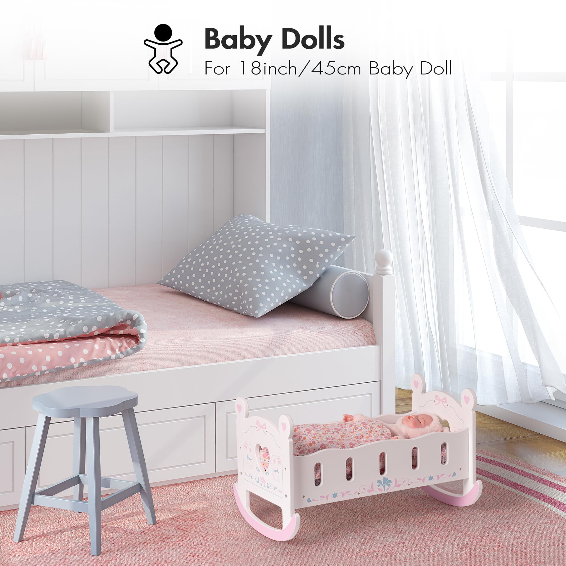 ROBUD Wooden Baby Doll Crib, Baby Doll Bed Toys, for Dolls Up to 18 Inch, Doll Accessories - with Mattress, Pillow, Quilt, Gift for Boys & Girls, Ages 3+
