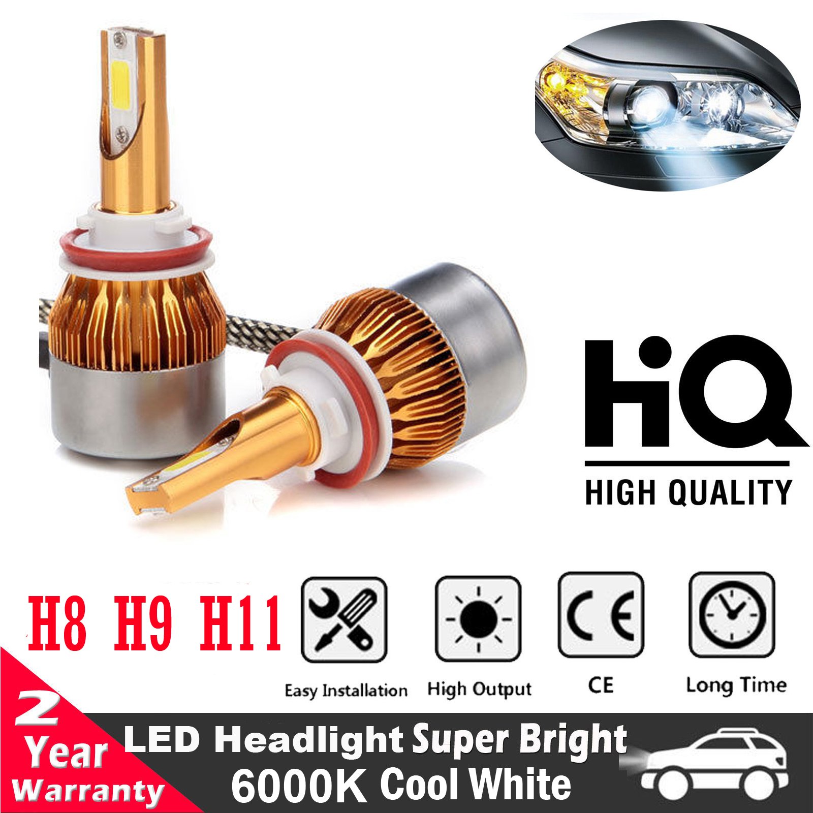 XENTEC H11/H9/H8 LED Headlight & Fog Light Bulb Kit – 6000K White, 38800 Lumens, IP68, Fan-Cooled