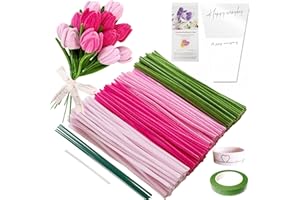 YYUENG TAK 200 pcs Pink Pipe Cleaner Flowers Craft kit for DIY Tulip Bouquet with tutoria,4 Colors(3 Pinks and Olive Green),Chenille Stem Flowers Craft with 12 pcs Green Floral Wires,Gardening Tape