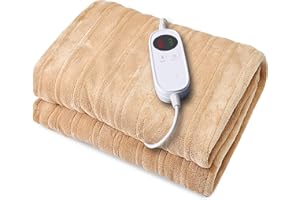 JinJeeo Heated Throw Blanket 50"x60",Electric Blanket Beige Flannel Blanket Fast Heating Blanket,6 Heat Settings 9 Hour Auto Shut Off,Home Office Use Machine Washable