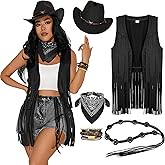 GERVAISE Womens Western Cowgirl Costume 70s Hippie Tassels Fringe Vest outfit Hat 5pcs