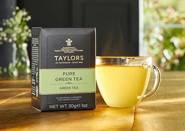 TAYLORS OF HARROGATE PURE GREEN TEA, INDIVIDUALLY WRAPPED BAGS, 20 COUNT (PACK OF 1), DELICATE, MELLOW AND CRISP, CAFFEINATED, ENJOY HOT OR ICED, 20 TEABAGS