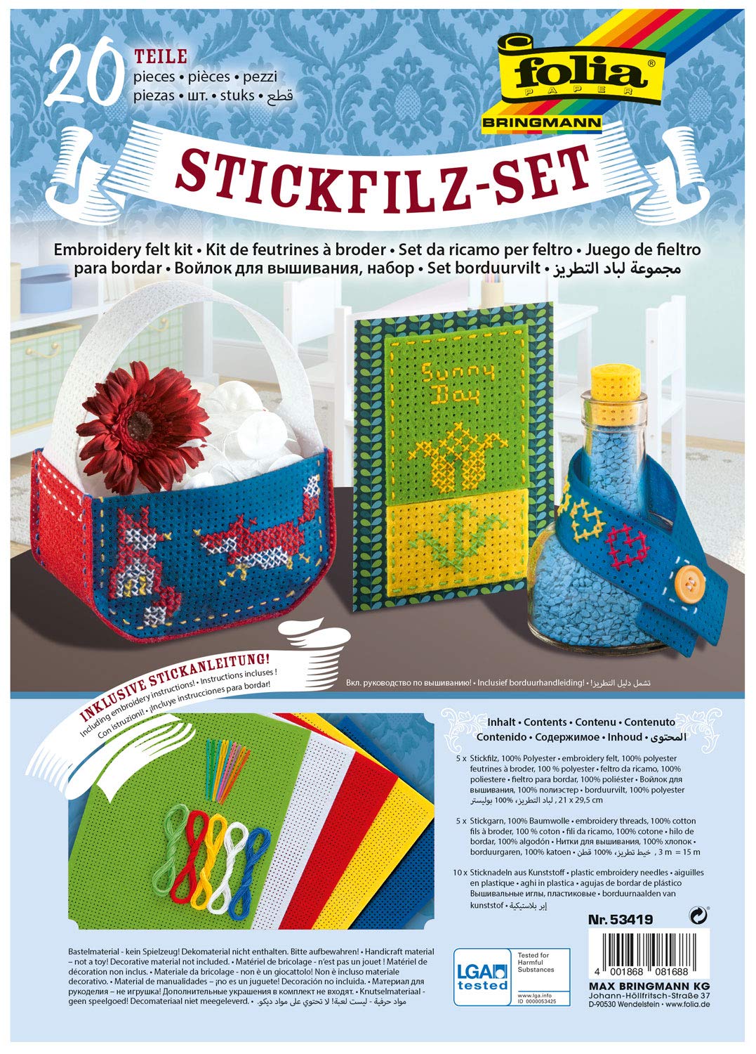 folia 53419 Embroidery Felt Set, 20-Piece Craft Set, Assorted Colours, Approx. 21 x 29.5 cm, Includes Embroidery Instructions, Ideal for Various Embroidery Works, Multi-Coloured