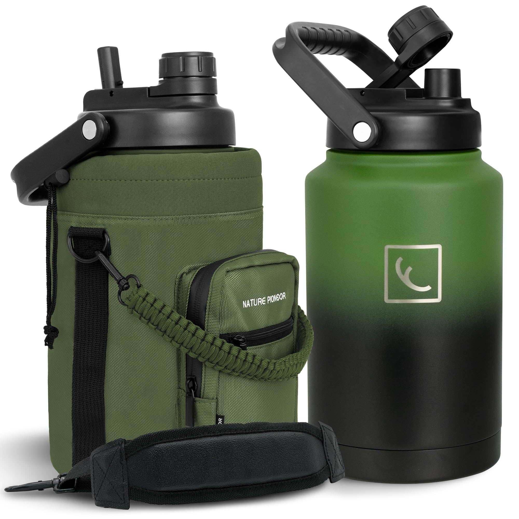 Photo 1 of NATURE PIONEOR One Gallon Water Bottle Insulated - Large Double Vacuum Stainless Steel 128 oz Water Bottle with Holder/Carrier, 1 Gallon Water Jug 2 in 1 LID, Flip Straw and Spout, Wide Mouth