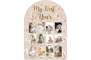 SIXEIGHT My First Year Milestone Photo Board, One Year of Wood Photo Board, 12 Monthly Baby Picture Frame, Pink Butterfly Nursery Decor, Girl Boy 1st Birthday Decorations, Baby Keepsake Gift-A14