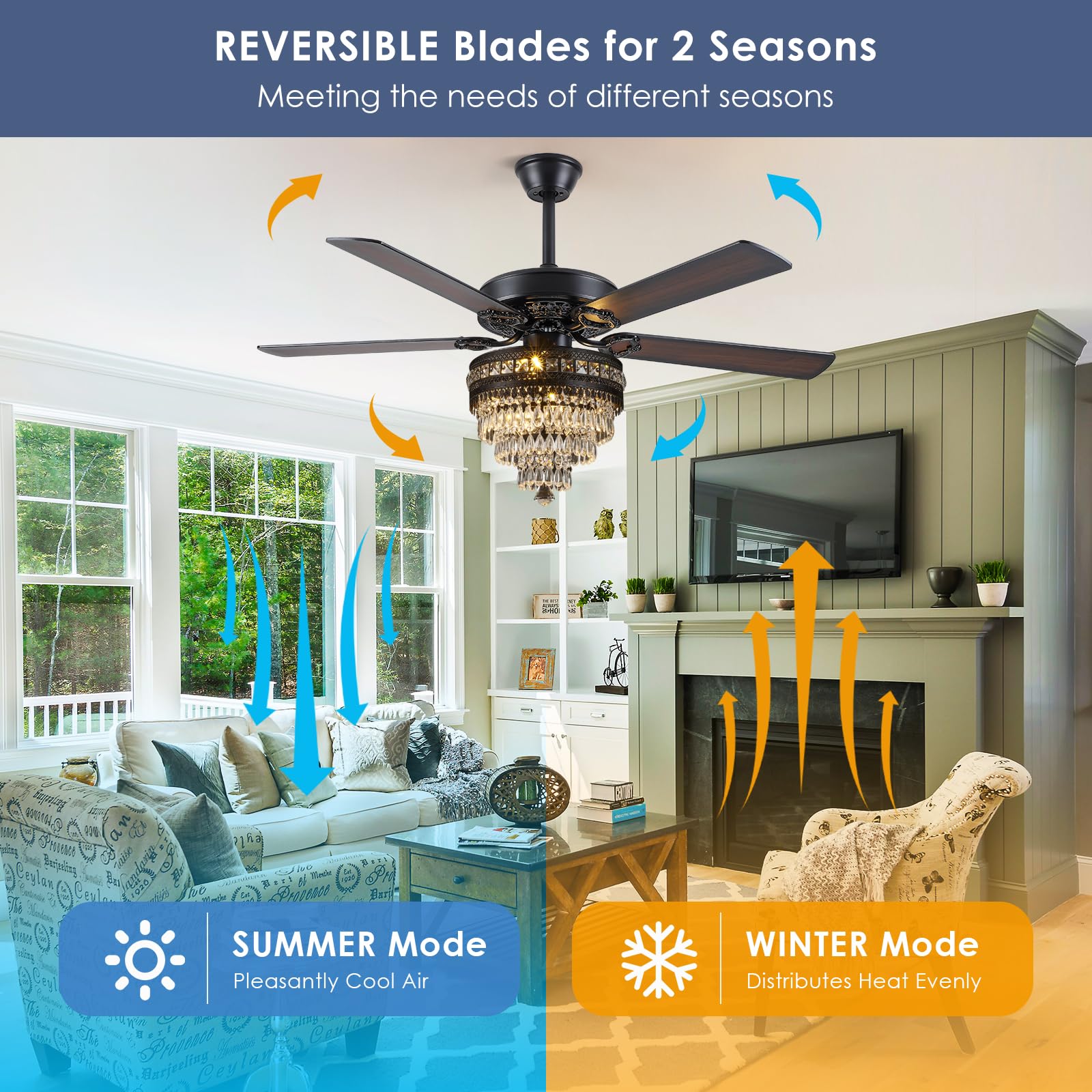 Crystal Ceiling Fan Fandelier with Lights - Modern Outdoor Fans with Remote Control，Noiseless AC Motor, Retro/Farmhouse Lighting, Dining Room， Living Room (52