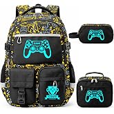 BNEAR Cool Luminous Gamer Backpack for Boys with Lunch Bag &amp; Pencil Case | 3PCS Waterproof Kids Bookbag Schoolbag with Insulated Lunch Bag for Elementary Middle High School Travel, Glow in The Dark