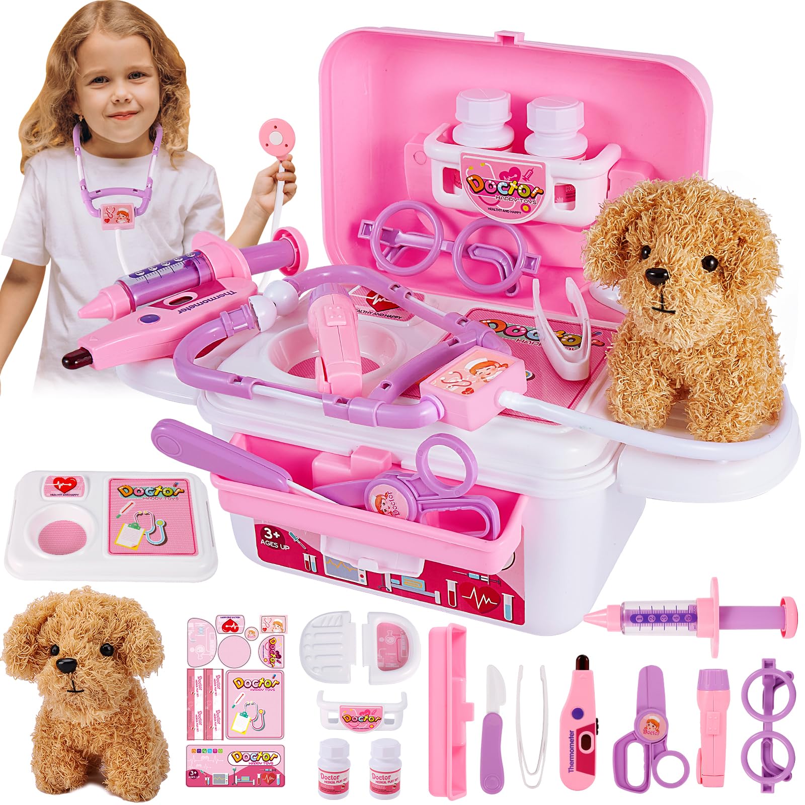 HYAKIDS Vet Set for Kids Toy Age 3, Doctors Set with Plush Dog, Pretend Role Play Medical Kit Toys, 3 4 5 Year Old Girls Boys Gifts