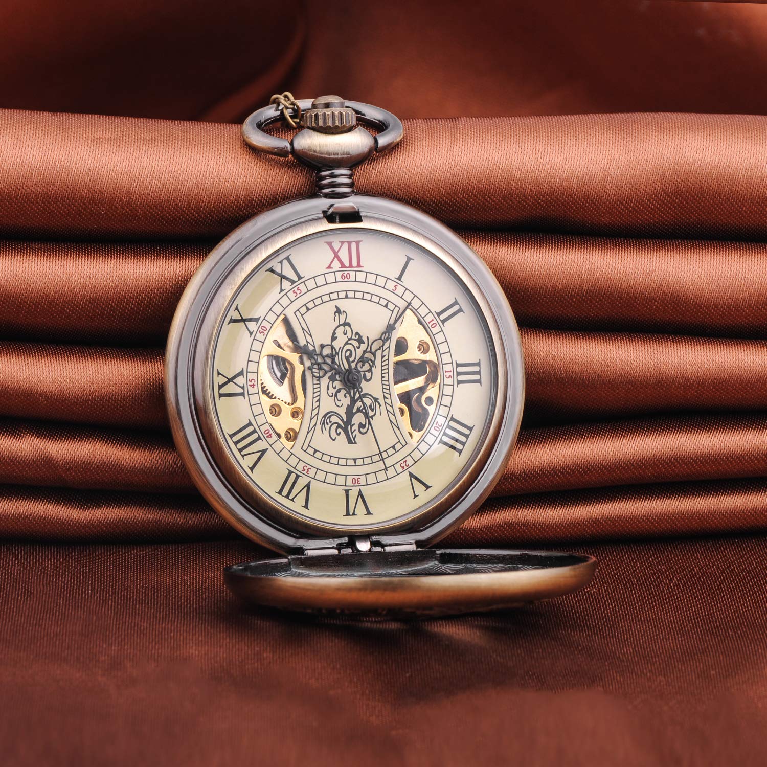 Infinite U Pocket Watch Dragon & Phoenix Vintage Mechanical Steampunk Skeleton Roman Numerals Fob Watch with Chain for Men Women