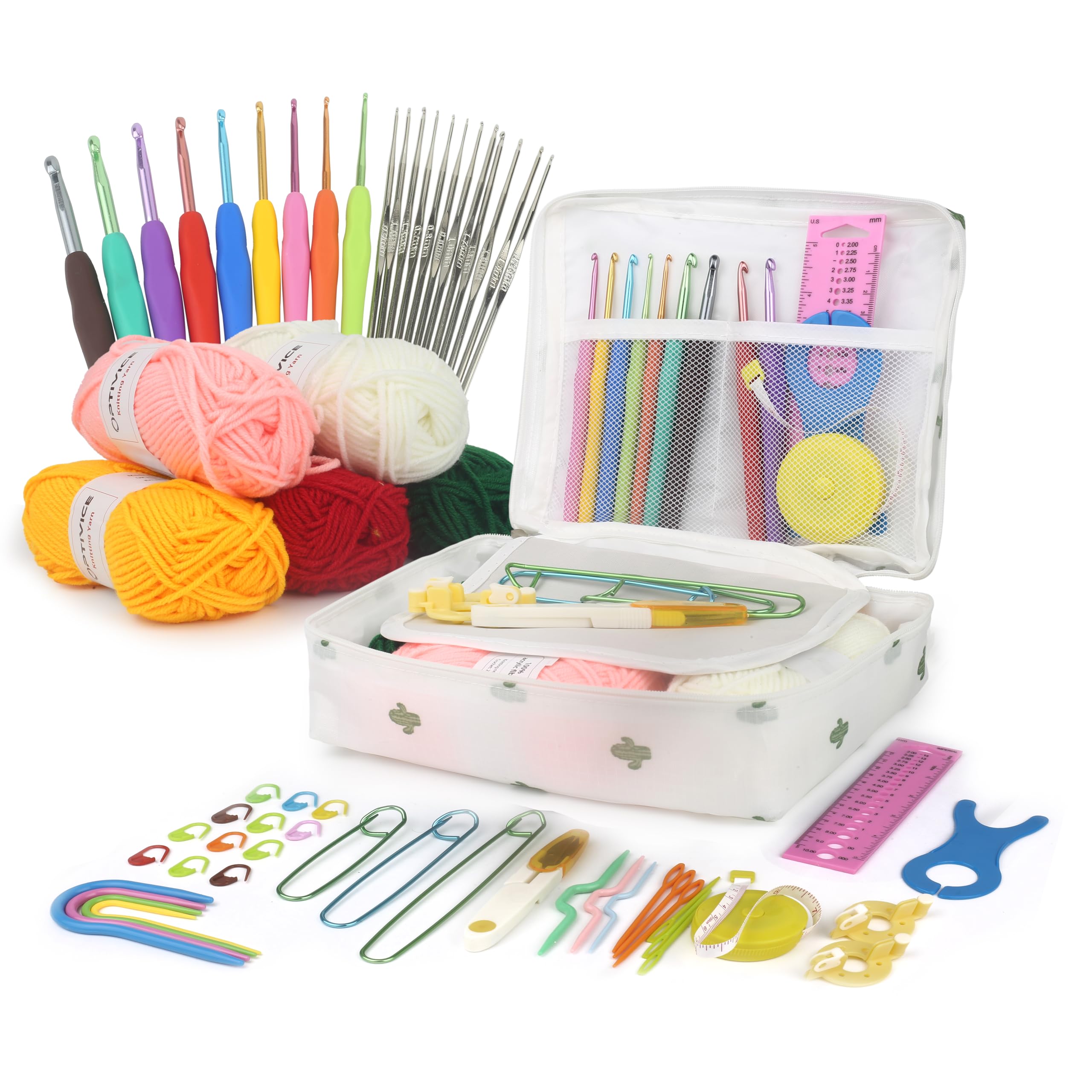 OPTIVICE Crochet Kit for Beginners Adults – 30+ Piece Set with Ergonomic Crochet Hooks (0.6–6.0 mm), Yarn, Accessories & Storage Case – Knitting & Crochet Starter Kit for Kids & Adults (White)