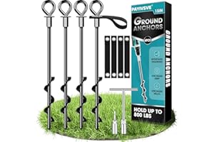 PAYIVSVE Ground Anchors Screw in 4Pcs, Trampoline Stakes Anchors with Straps Resistant High Wind, Earth Anchor for Swing Set, Tent, Trampolines, Carport, Canopies(4x15in)