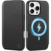 SHIELDON Wallet Case for iPhone 16 Pro Max 6.9", Genuine Leather Slim Folio Magnetic Wireless Charging Card Holder Shock-Absorbent Phone Cover Compatible with iPhone 16 Pro Max - Pebbled Black