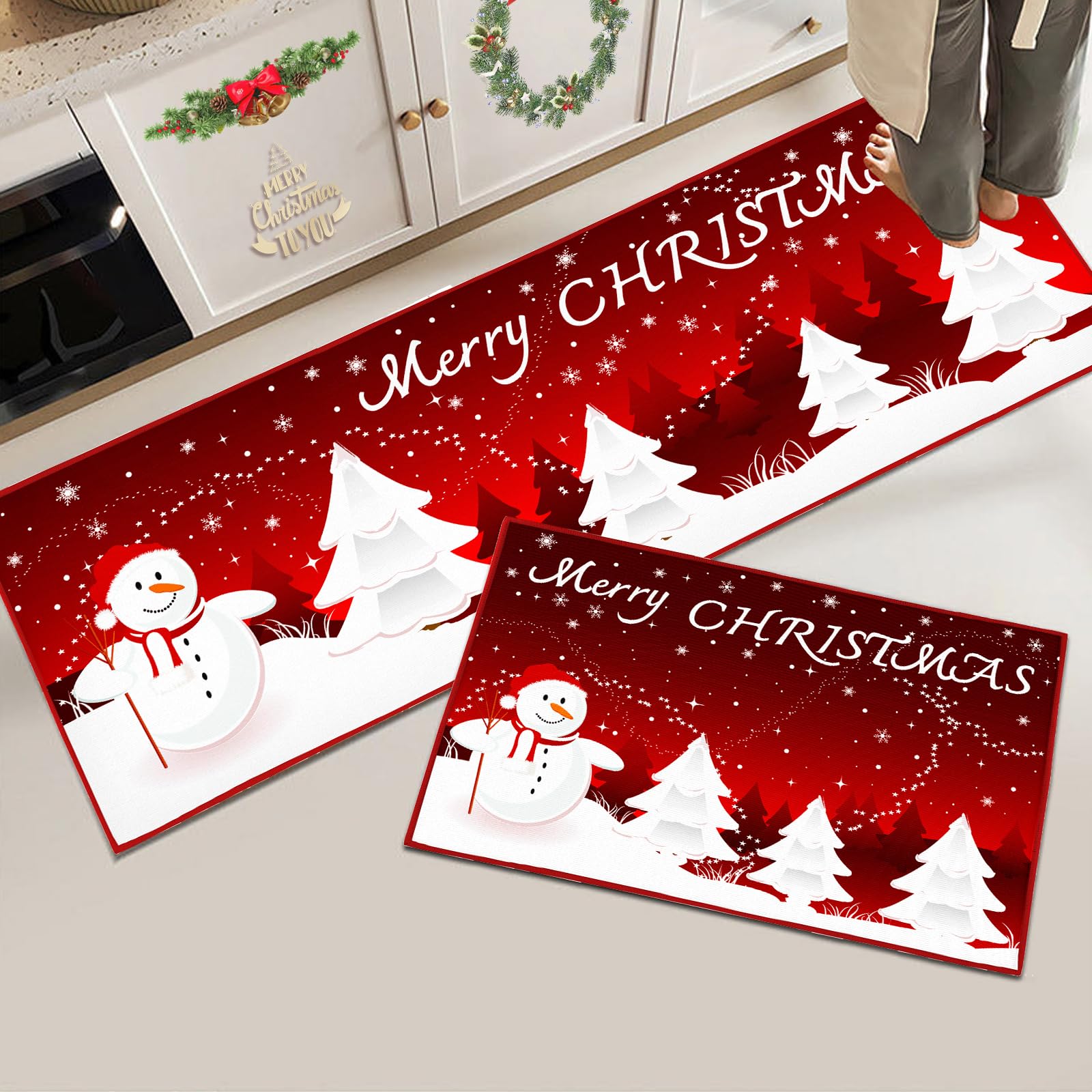 Hoimlm Christmas Kitchen Rugs Set of 2, Non-Slip Kitchen Mats Doormat, Absorb Water and Oil, Santa Claus snowman Kitchen Runner set, Christmas for Gifts (40 x 120 cm + 40 x 60 cm, Christmas Red C)