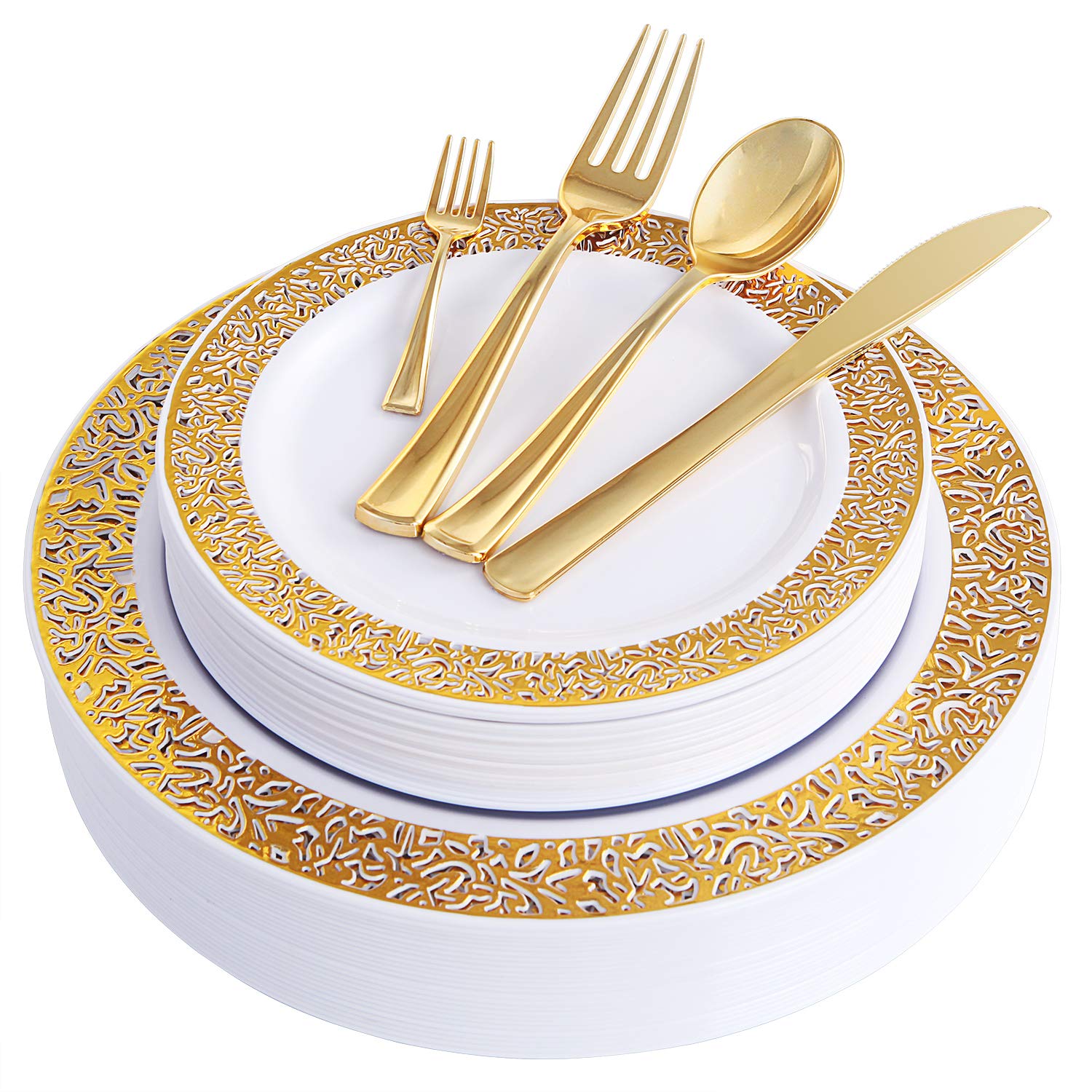 150PCS Plates Gold Plastic With Disposable Silverware,Lace Design