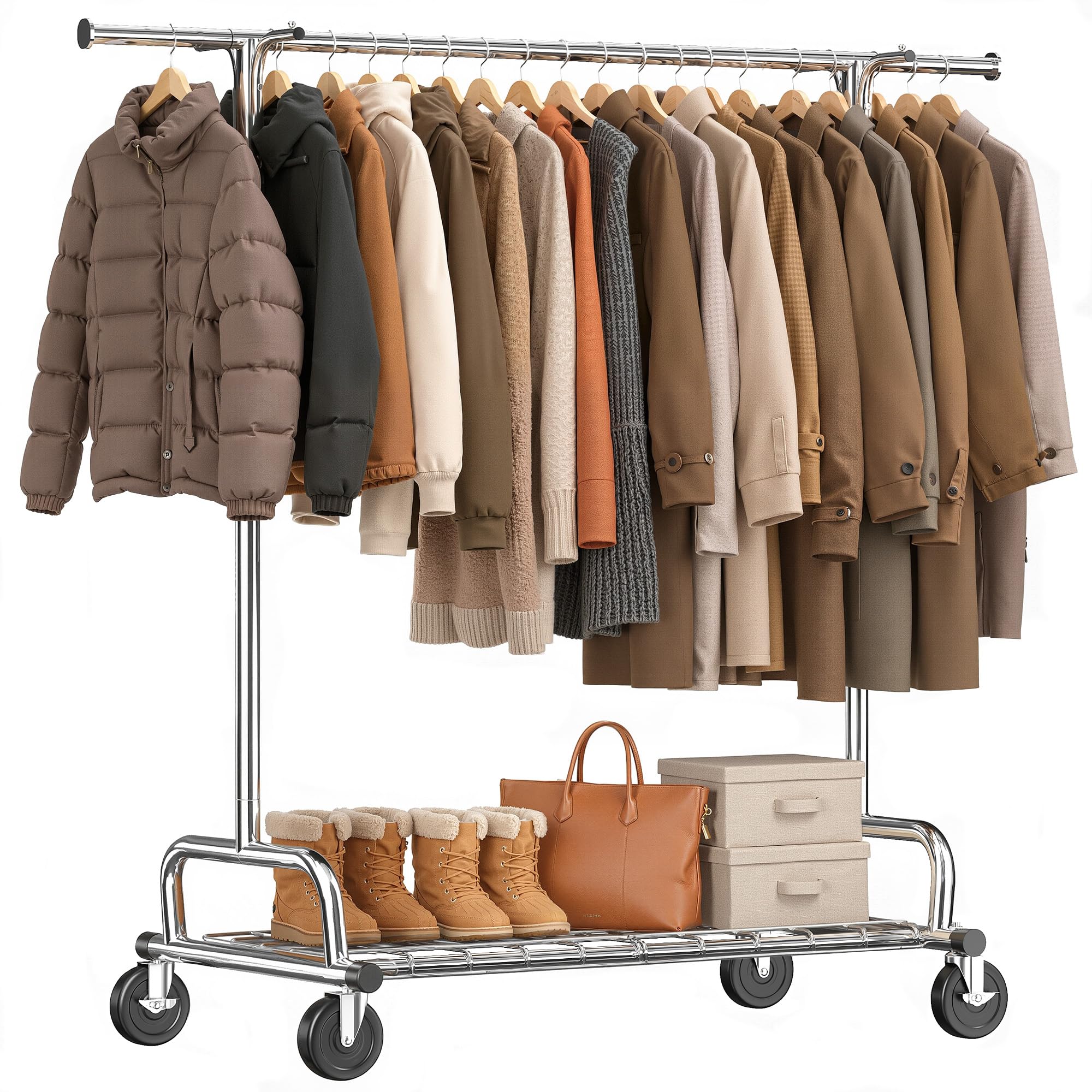 Raybee Heavy Duty Clothes Rack Load 485LBS, 74''W Clothing Rack with Mesh Shelf, Rolling Garment Rack with Adjustable Rail & Lockable Wheels for Bedroom, Laundry Room,Commercial