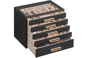 SONGMICS 5-Layer Jewelry Box with Glass Window, Jewelry Storage Organizer with 5 Drawers, Golden Handles, for Rings, Earrings