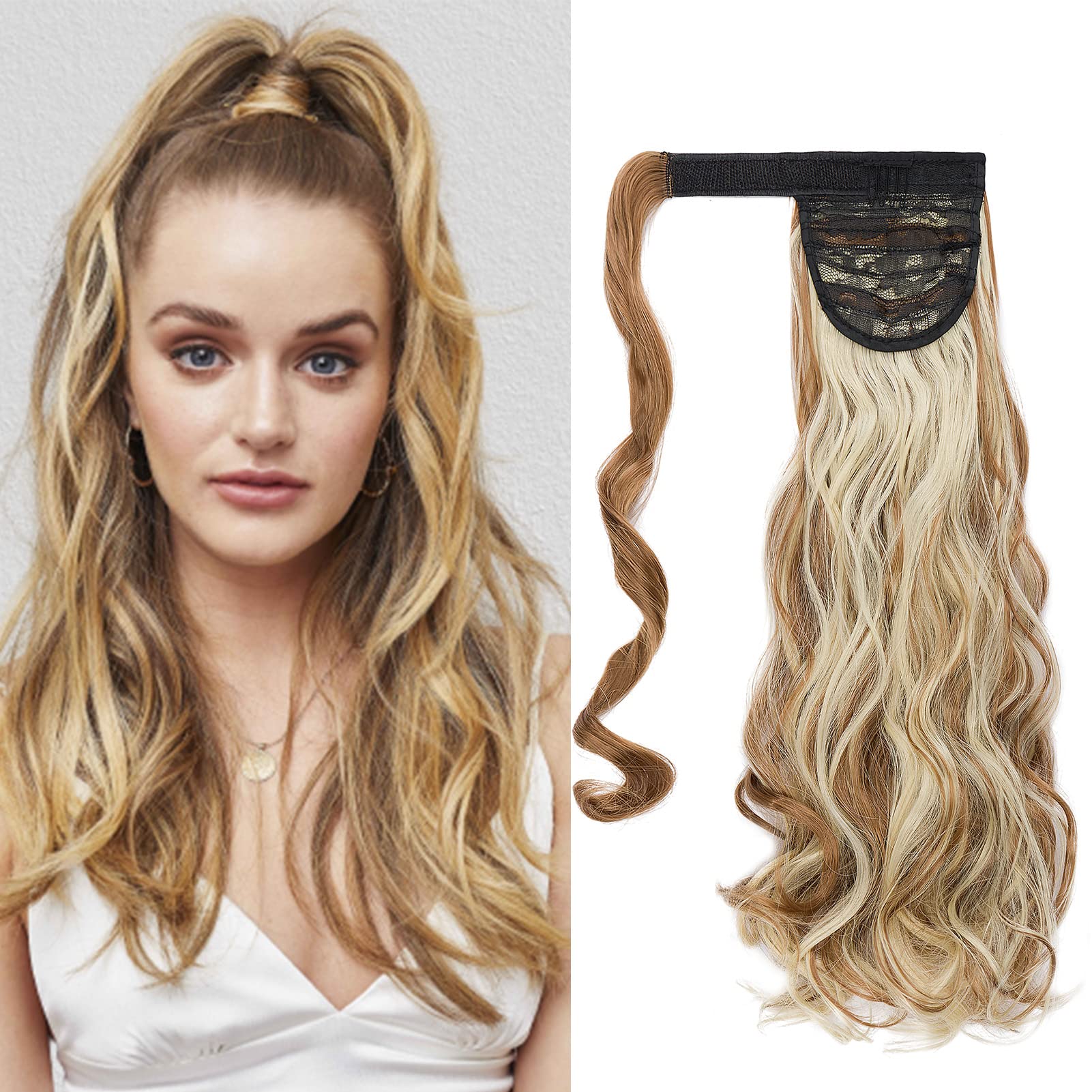 Cybelleza Curly Ponytail Extension Long Wrap Around Pony Tail Wave 20 inch Clip in Hair Extensions Synthetic Hairpiece for Women 105g (Dark Blonde & Bleach Blonde)