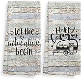 Camper Camping Kitchen Towels and Dishcloths Sets of 2,Campsite Cabin RV Absorbent Drying Cloth Hand Towels Tea Towels for Bathroom Kitchen,Gifts for Campers Camping Lovers,16×24 inches