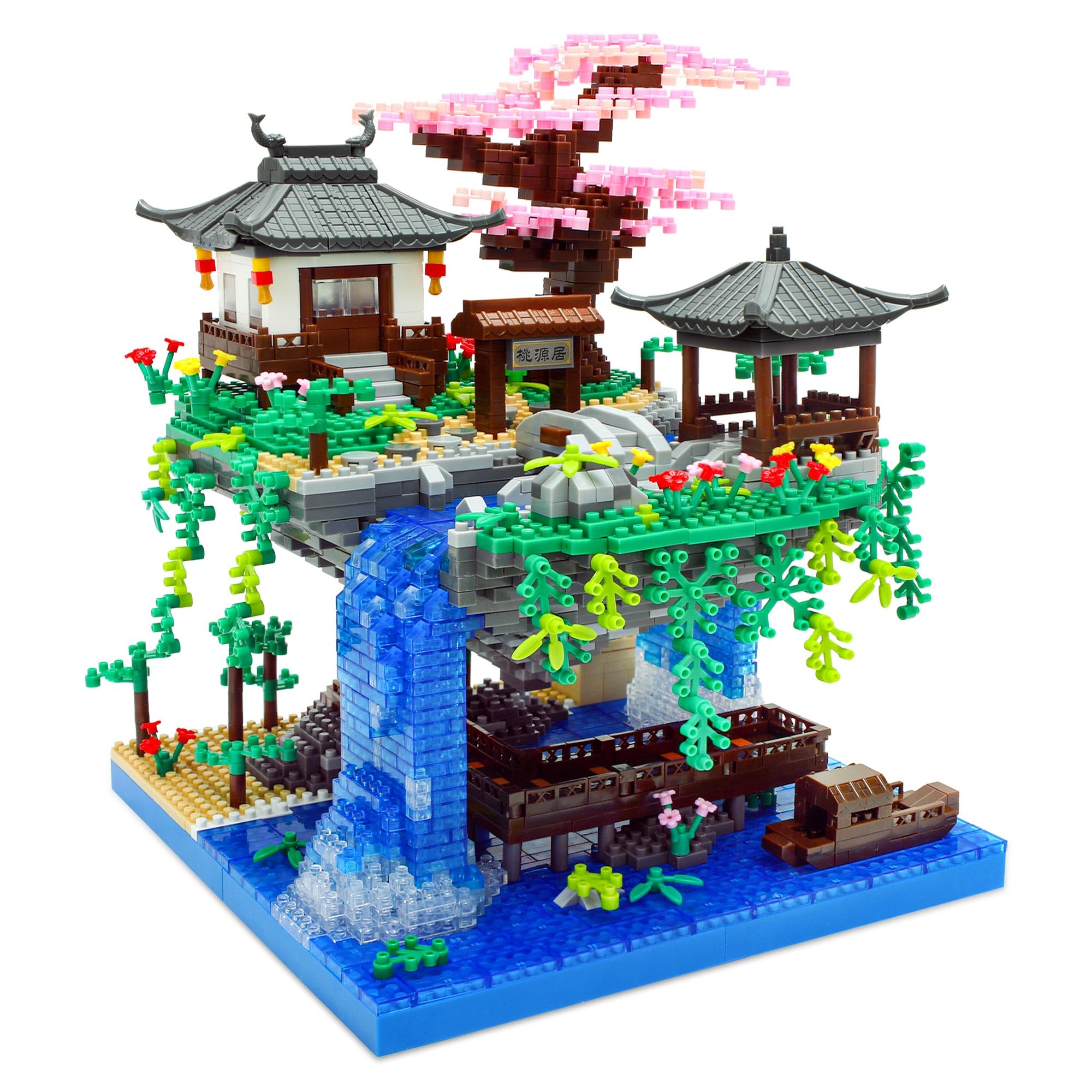 Seyaom Light-Up Peach Blossom Pond Micro Mini Bricks Kit, Chinese Architecture Cherry Bonsai Tree Building Set for Adults Teens 14+ (2705 Pcs)