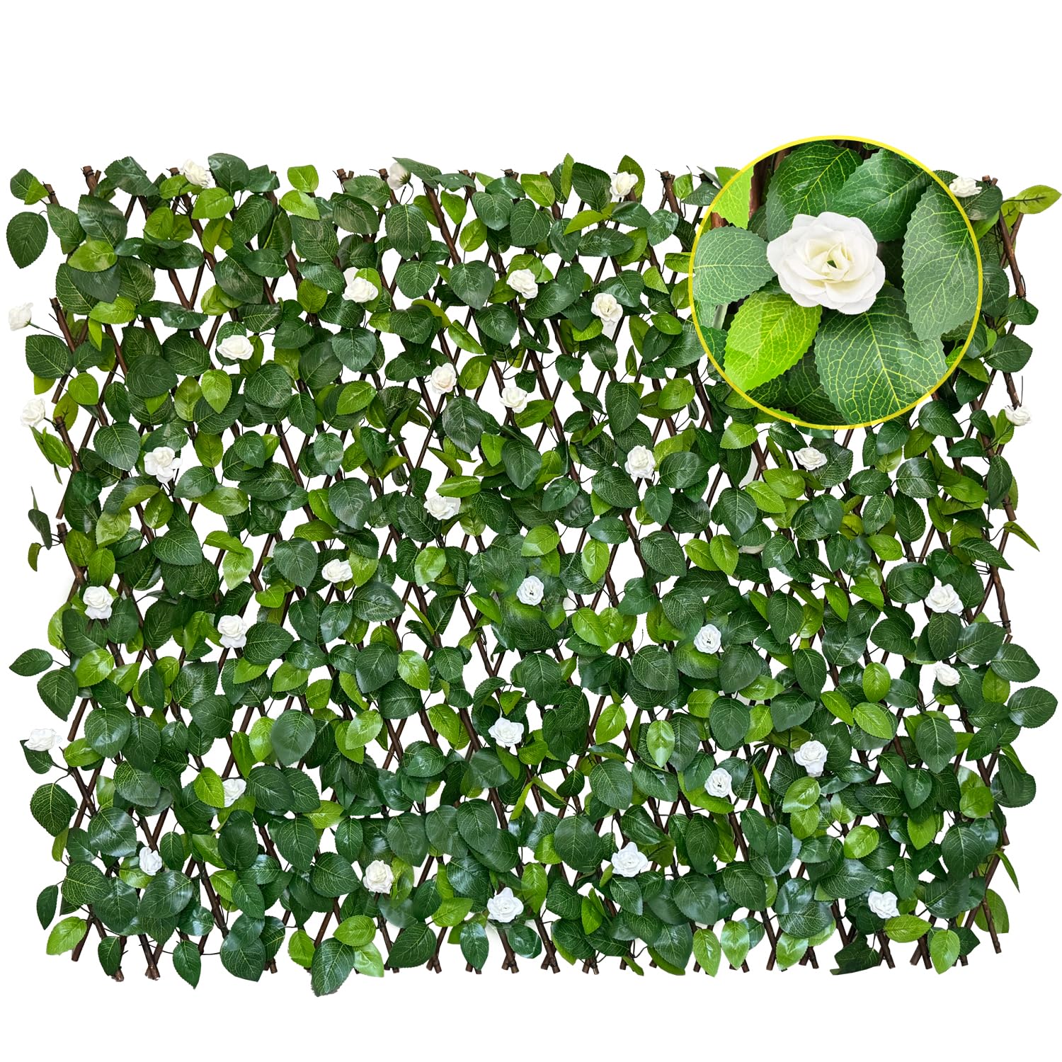 Photo 1 of BYBAG Expandable Faux Ivy Fence Privacy Screen for Patio Outdoor Balcony Bedroom Decor,Artificial Leaf Wall Decoration Fencing Panel(Single Sided Leaves) (1, whiteflower)