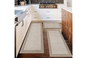 Ileading Kitchen Mat Sets 3 Piece Minimalist 3D Lattice Kitchen Floor Rugs with Non Slip Rubber Backing Machine Washable Farm