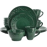 Elama Malibu Sea Glass 16-Piece Stoneware Embossed Pattern Reactive Glaze Dark Green Dinnerware Set, Tableware, Serveware Set (Sea Glass Green)