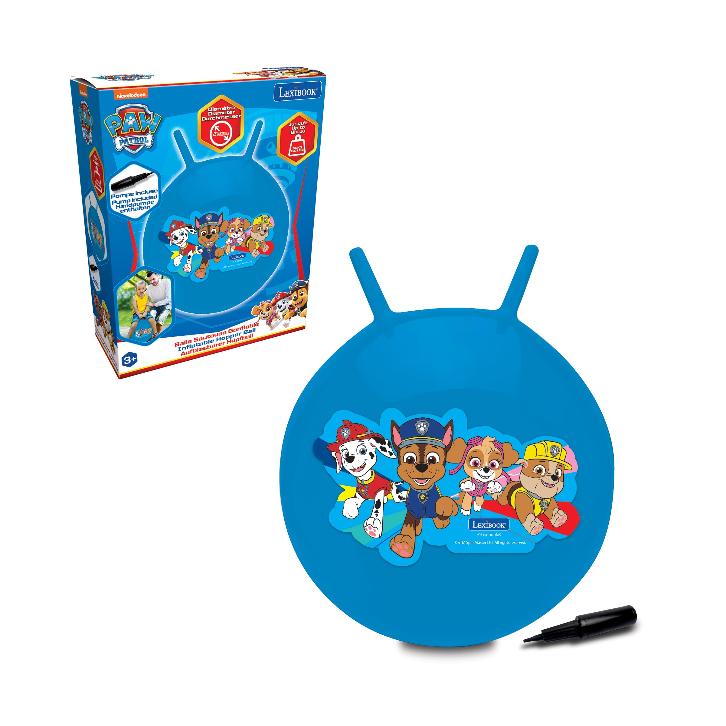 LEXIBOOK, Paw Patrol, Inflatable Hopper Ball, Chase, Marshall, Skye, Rubble, Manual pump included, Secure and durable plastic, Blue, BG040PA