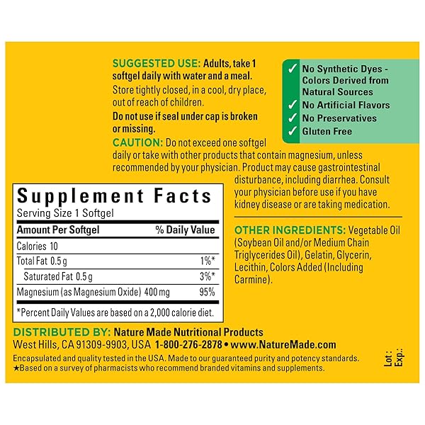 NATURE MADE EXTRA STRENGTH MAGNESIUM OXIDE 400 MG, MAGNESIUM SUPPLEMENT FOR MUSCLE, NERVE, BONE AND HEART SUPPORT, 60 SOFTGELS, 60 DAY SUPPLY