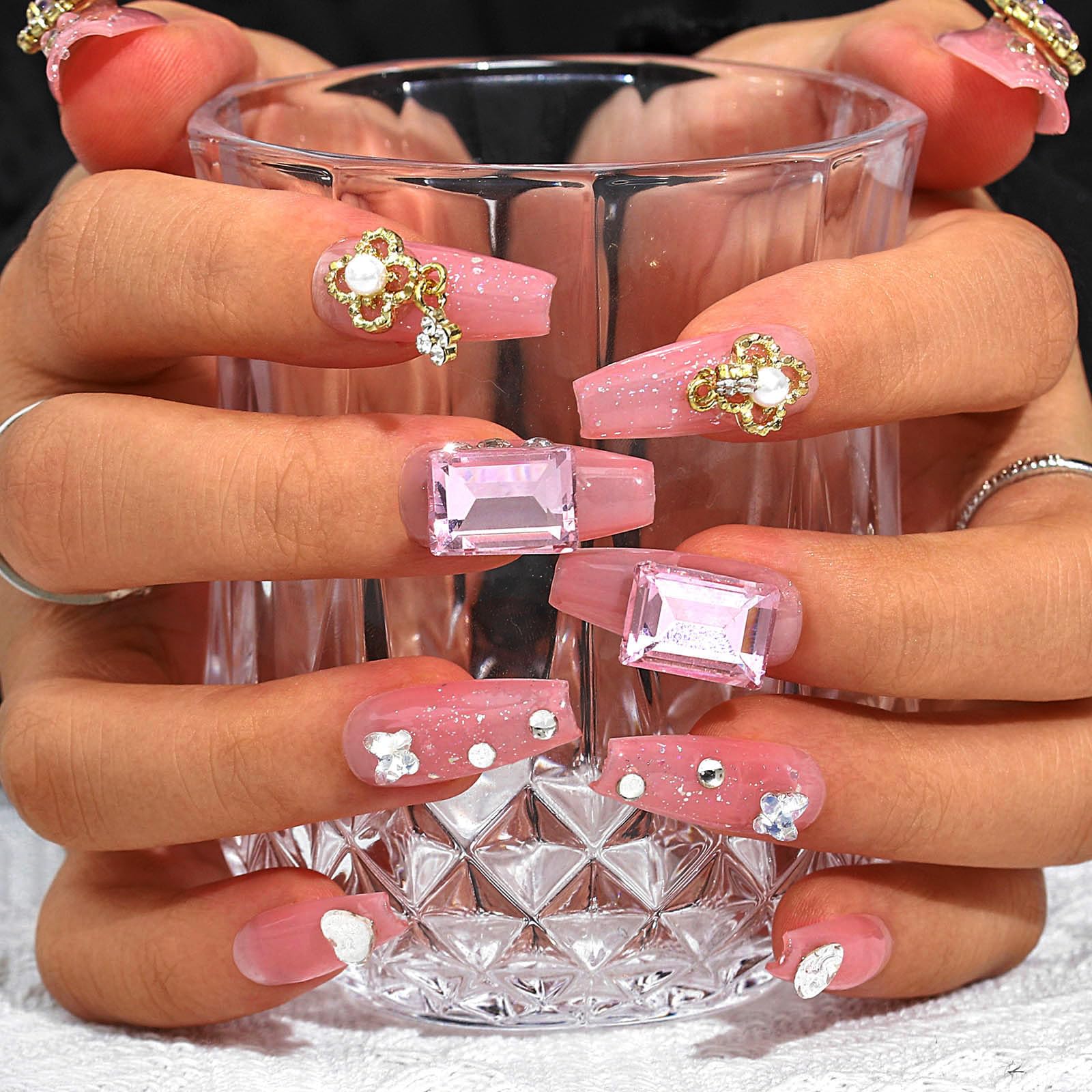Sethexy Long Coffin Pink False Nails Handmade Rhinestone Glitter Luxury Fake Nails 3D Love Heart Crystal Pearl Press On Nails Glossy Acrylic Salon Quality Nail Art Removable for Women and Girls(B)