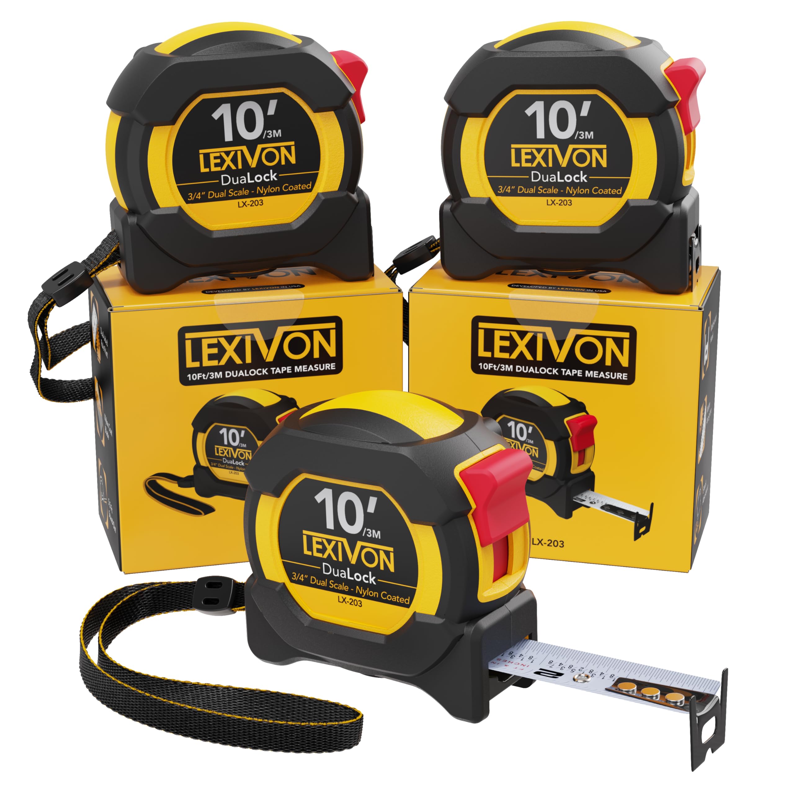 LEXIVON [3-Pack] 10Ft/3m DuaLock Tape Measure | 3/4-Inch Wide Blade With Nylon Coating, Matte Finish White & Yellow Dual Sided Rule Print | Ft/Inch/Fractions/Metric (LX-203)